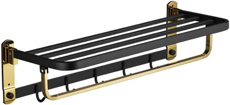 Bathroom Wall Mounted Towel Rack Stainless Steel Towel Rack Bathroom Wall-Mounted Folding Storage Rack with Hook Towel Holder Shelf Shower Room Accessorie Towel Bar, A-black Gold