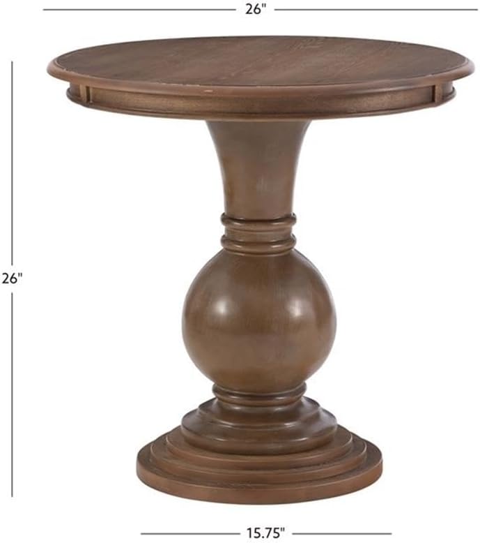 MAKLAINE Round Accent Table, 26.5' High, Engineered Wood, Rustic Natural Finish, Turned Pedestal, Stepped Base, Compact Design, Decorative Display or End Table for Living Room, Bedroom, Small Spaces