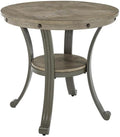 Pemberly Row Round Side Accent Table, 24 in Metal and Wood, Pewter and Champagne Finish, Inlay Design, Lower Storage Shelf, Industrial Style End Table for Living Room or Family Room Use