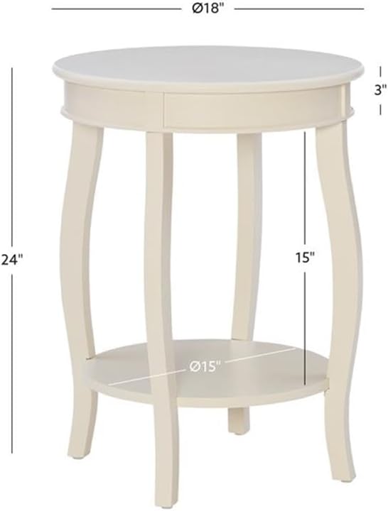 Pemberly Row Contemporary Wood Accent End Table, 18.5' W x 18.5' D x 24' H, Timber and MDF, Off White Finish, Round Shelves with Storage, Cabriole Tapered Legs, Living Room or Bedroom Use