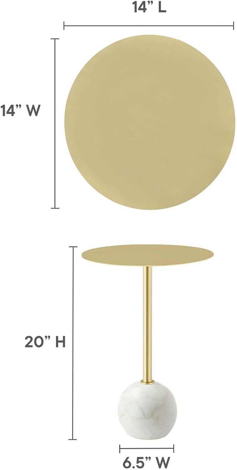 Modway EEI-6606-WHI-BRA Aliza White Marble Round Side Living Room End Table in Brass with White Marble Base