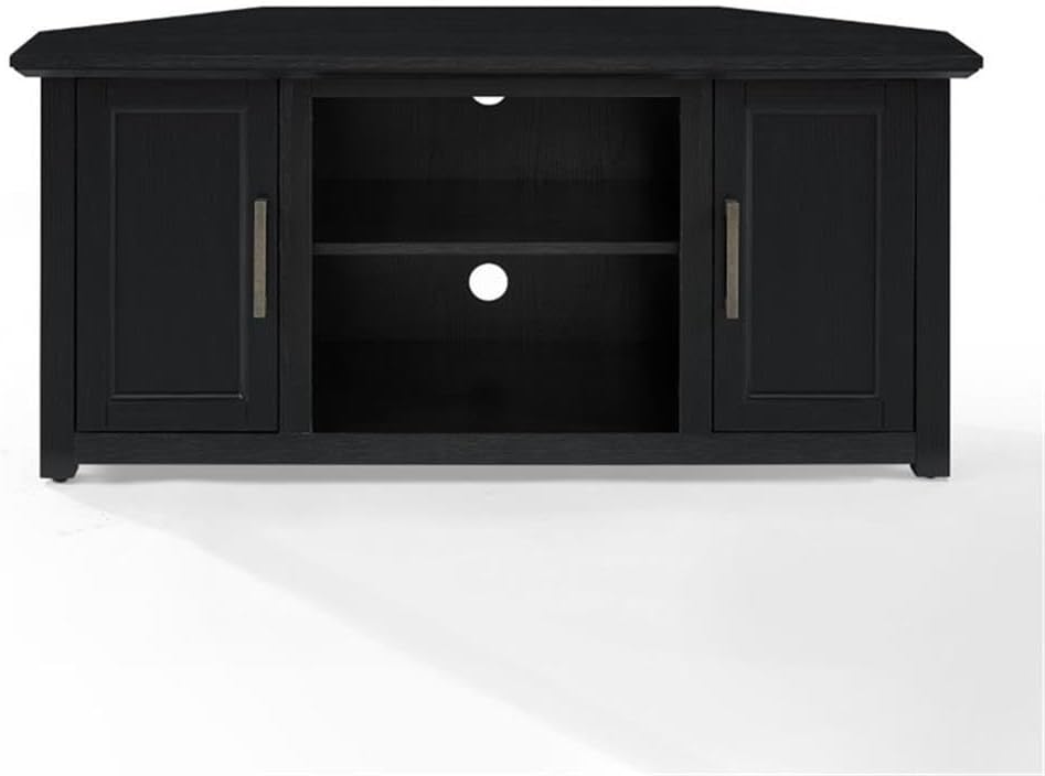 Pemberly Row Contemporary 48' Rustic Wood Corner TV Stand, Black Finish, Fits TVs Up to 50', Adjustable Shelves, Open Center Storage, Cable Management, Modern Farmhouse Style for Living Room Use