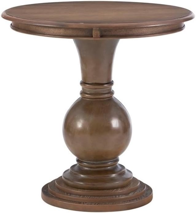 MAKLAINE Round Accent Table, 26.5' High, Engineered Wood, Rustic Natural Finish, Turned Pedestal, Stepped Base, Compact Design, Decorative Display or End Table for Living Room, Bedroom, Small Spaces