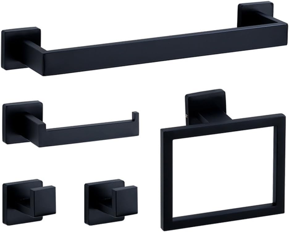 Black Gold Bathroom Hardware Set Wall Mount Stainless Steel Towel Bar Towel Ring Paper Holder Robe Hook Bathroom Accessories Set,BK,5pcs Set