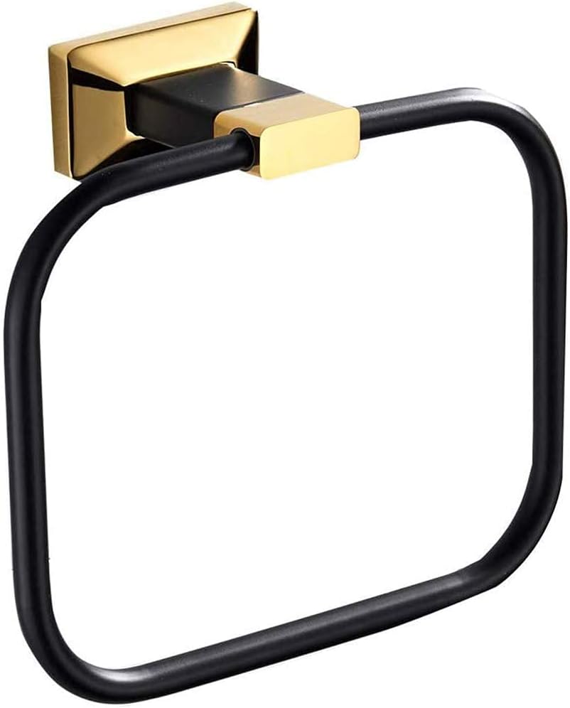 Towel Holder，Towel Ring Square Black Gold Towel Bar Brass Wall-Mounted Hand Towel Rail Rack Holder Perforated Installation for Bathroom Kitchen
