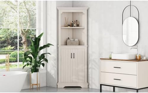Bellemave Tall Corner Cabinet with 2 Doors and Adjustable Shelves, Freestanding Floor Bathroom Corner Cabinet for Living Room, Bathroom (Beige)
