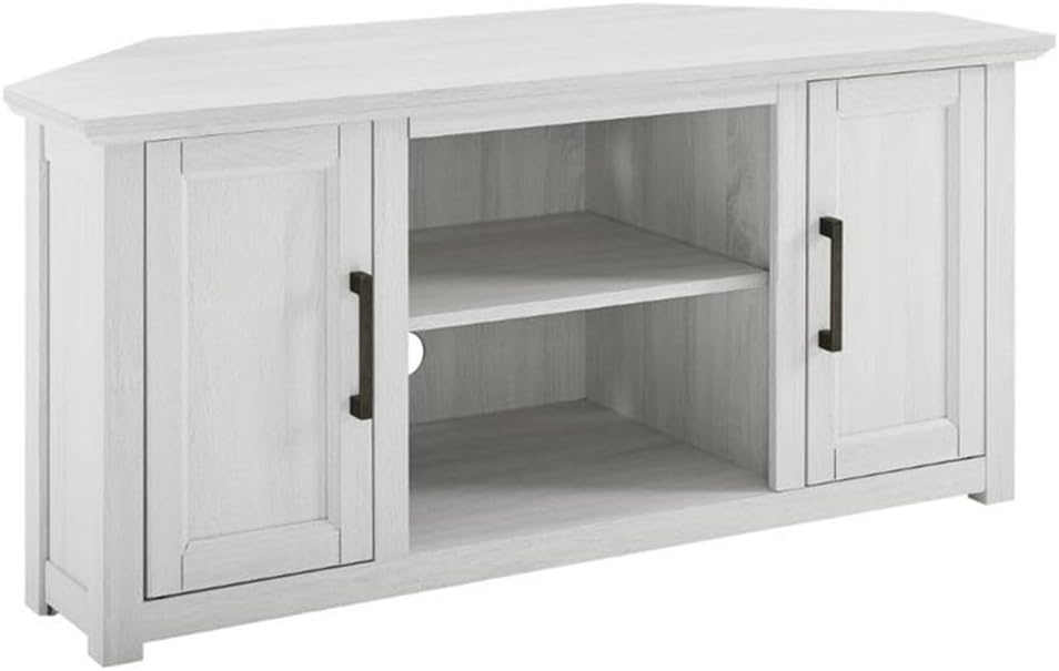 Pemberly Row Modern Rustic Wood Corner TV Stand, 48 in, Whitewash Finish, Fits TVs Up to 50 in, Adjustable Shelving, Cable Management, Antique Brass Hardware, MDF Construction, Living Room