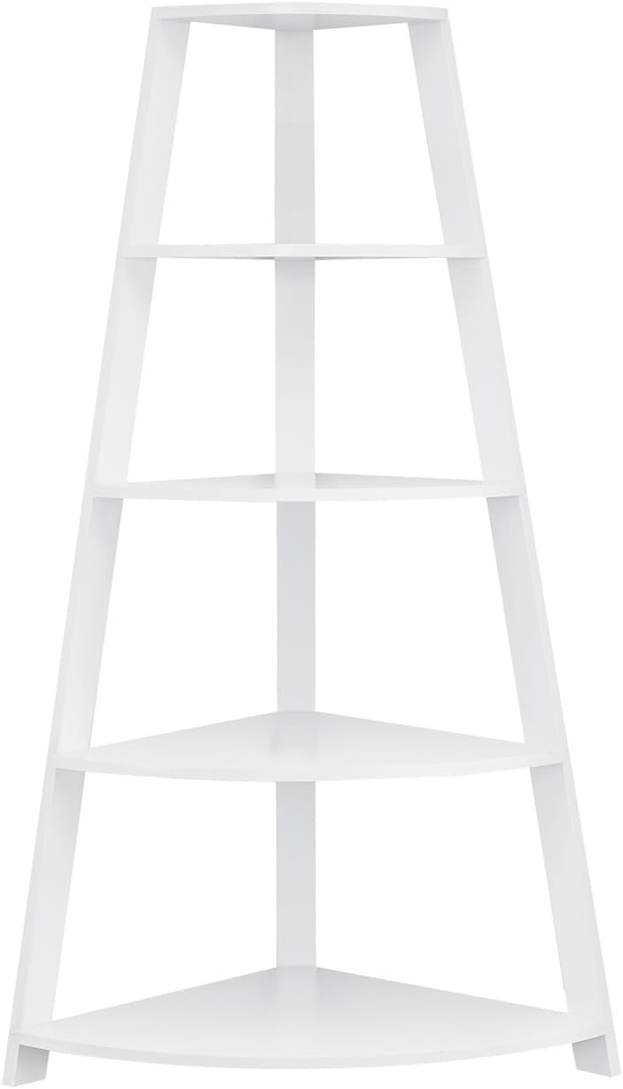 Corner Bookshelf 4-Tier, White Laminate, 60 in H | Particle board, 4 fixed shelves, corner bookshelf, white finish, living room or home office
