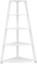 Corner Bookshelf 4-Tier, White Laminate, 60 in H | Particle board, 4 fixed shelves, corner bookshelf, white finish, living room or home office