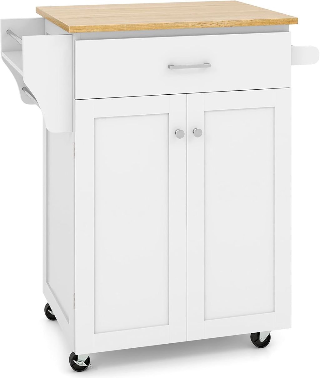 Kitchen Island, Rolling Kitchen Carts on Wheels with Storage Cabinet, Drawer, Spice Rack, Towel Bar, Modern Serving Trolley Cart Island Table for Dining Room, White, 32.5' L x 19' W x 36' H