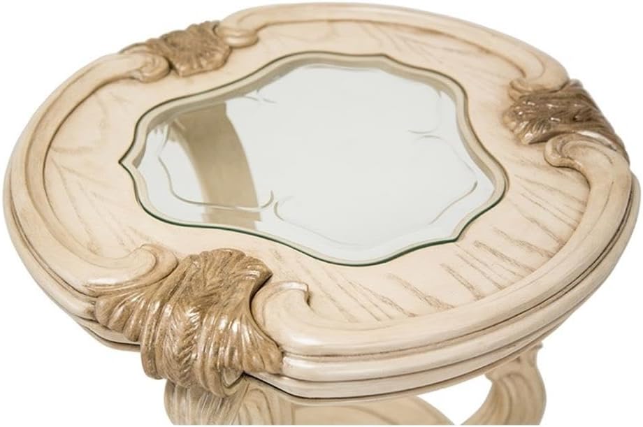 Pemberly Row Modern Chairside End Table, Ivory Finish, 25.5' H x 28' W x 26' D, Solid Poplar Wood Frame with Beveled Glass Inlay, Antique Carved Design, Bottom Shelf, Living Room Accent Table