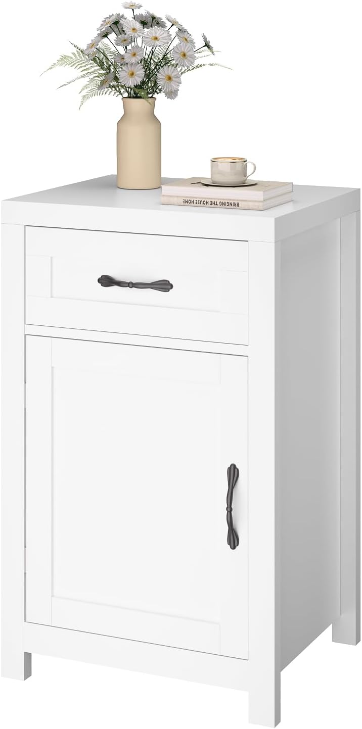 White Nightstand with Drawer, Farmhouse End Table with Storage Cabinet and Adjustable Shelf, 30' Tall Bedside Table Rustic Wood Sofa Side Table for Living Room, Bedroom