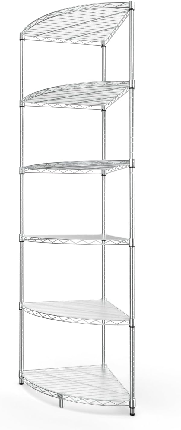NSF 6-Tier Metal Corner Shelf Wire Shelving Unit - 420 lbs Capacity, Adjustable, with leveling feet & Waterproof Shelf Liners - Ideal for Garage, Kitchen, and More - 72' H x 18' L x 18' D - Chrome