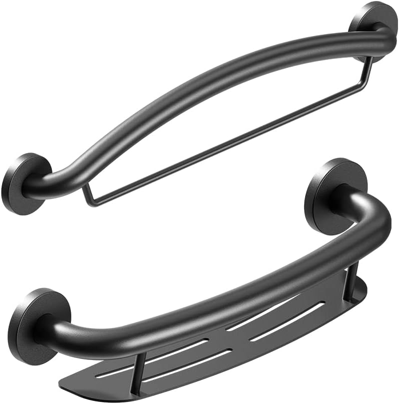 HEALTHCRAFT Plus Series Grab Bar 19.5' Shampoo Shelf / 24' Towel Bar Combo Pack in Matte Black
