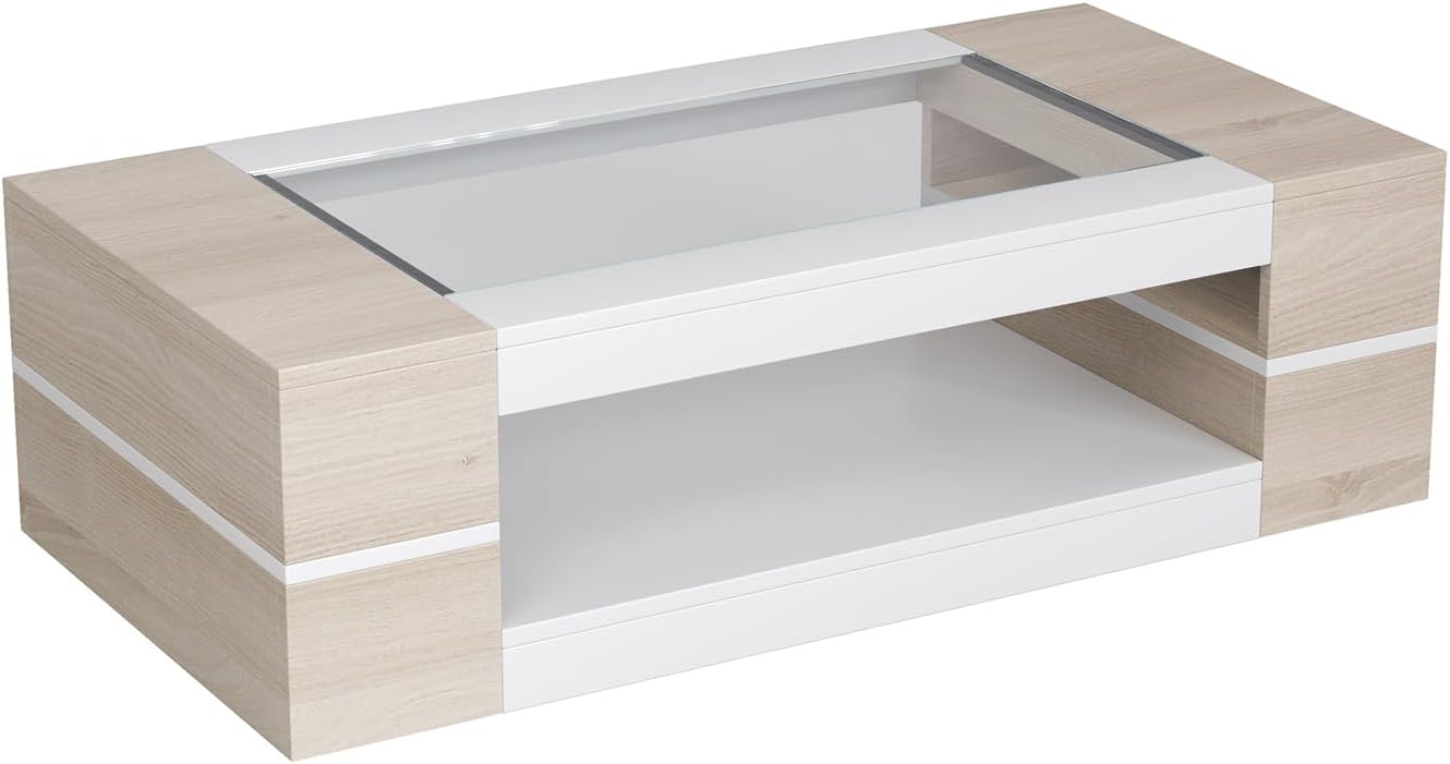 HedoAjim 47.2' Modern Stylish Coffee Table with Glass Table Top, Large Living Room Table Rectangular 2-Tier Center Tables with Storage, Wood Cocktail Tea Tables for Dining Reception Room Natural