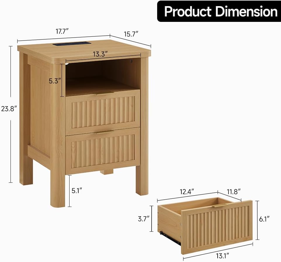 ONBRILL Fluted Night Stand with Charging Station, 23' Modern 2 Drawers End Table, Nightstand Set of 2 with Curved Profile Design, Bed Side Table for Bedroom, Living Room, Natural Oak （2-Pack）