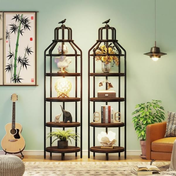 Birdcage Corner Bookshelf with 4-Tier Round Shelves – Narrow Storage Cabinet & Small Bookcase for Living Room, Bedroom, Office – Space-Saving Display Shelf with Metal Frame & Wood Finish
