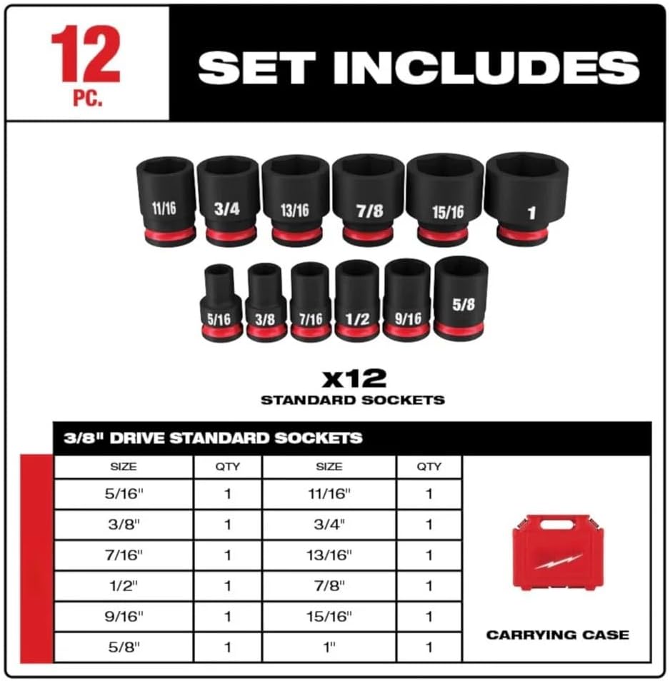 12PC 49-66-7005 for Milwaukee 3/8' Impact Duty Drive 6 Point Socket Set
