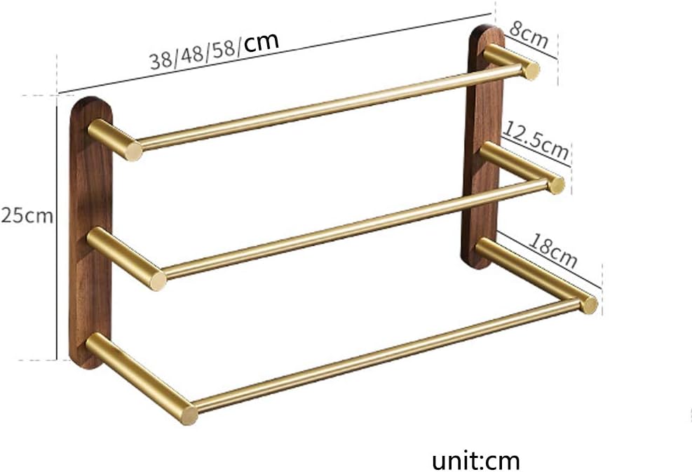 Tower Rack with 3 Bars, Towel Bar Black Walnut and Aluminum Rails Heavy Duty Holder Wall Mounted Storage for Bathroom, Kitchen, Hotel, Brushed Gold,48cm