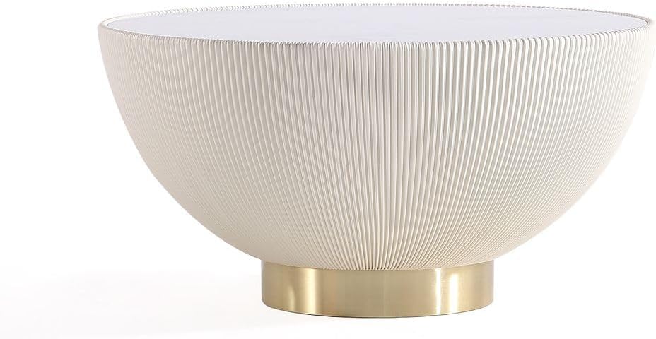 Manhattan Comfort Modern Anderson Coffee Table and End Table 2.0 Upholstered in Cream and Grey Leatherette with Ceramic Faux Tabletop - Set of 2