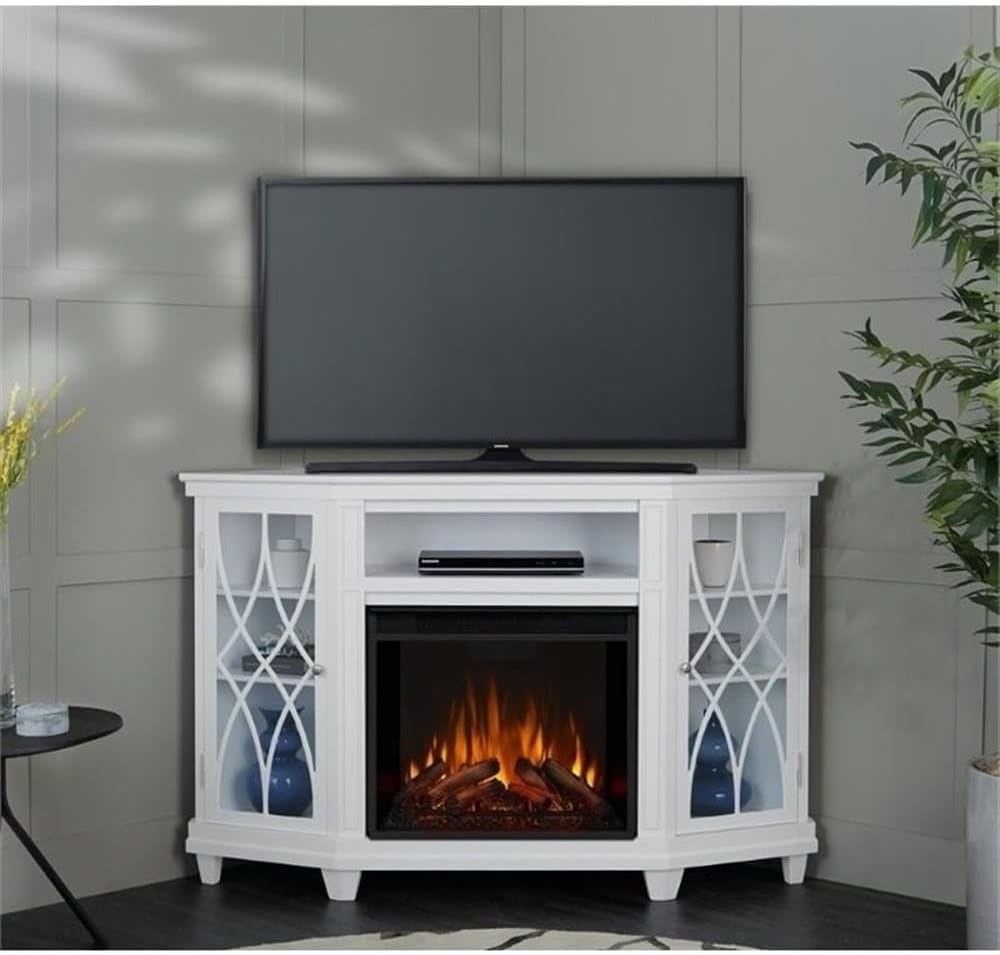 BOWERY HILL Modern Corner Fireplace TV Stand, Wood and Veneered MDF, White Finish, Fits TVs Up to 56', Infrared LED Electric Firebox, Adjustable Shelves, Contemporary Style, Living Room Entertainment
