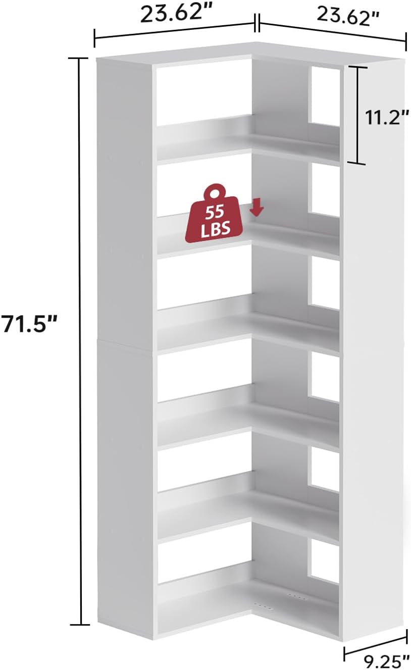 oneinmil Bookcase 6 Tiers with Baffles, Large Corner Bookshelf, 23.62' Storage Display Rack for Living Room Home Office, White