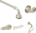 Bundle of Moen Eva Brushed Nickel 24' Towel Bar, YB2824BN, Single Post Toilet Paper Holder, YB2808BN, Robe Hook, YB2803BN, 26' Towel Shelf, YB2894BN, and Toilet Tank Lever, YB2801BN