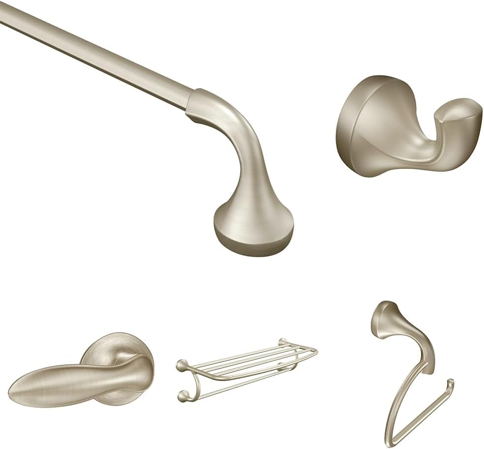 Bundle of Moen Eva Brushed Nickel 24' Towel Bar, YB2824BN, Single Post Toilet Paper Holder, YB2808BN, Robe Hook, YB2803BN, 26' Towel Shelf, YB2894BN, and Toilet Tank Lever, YB2801BN