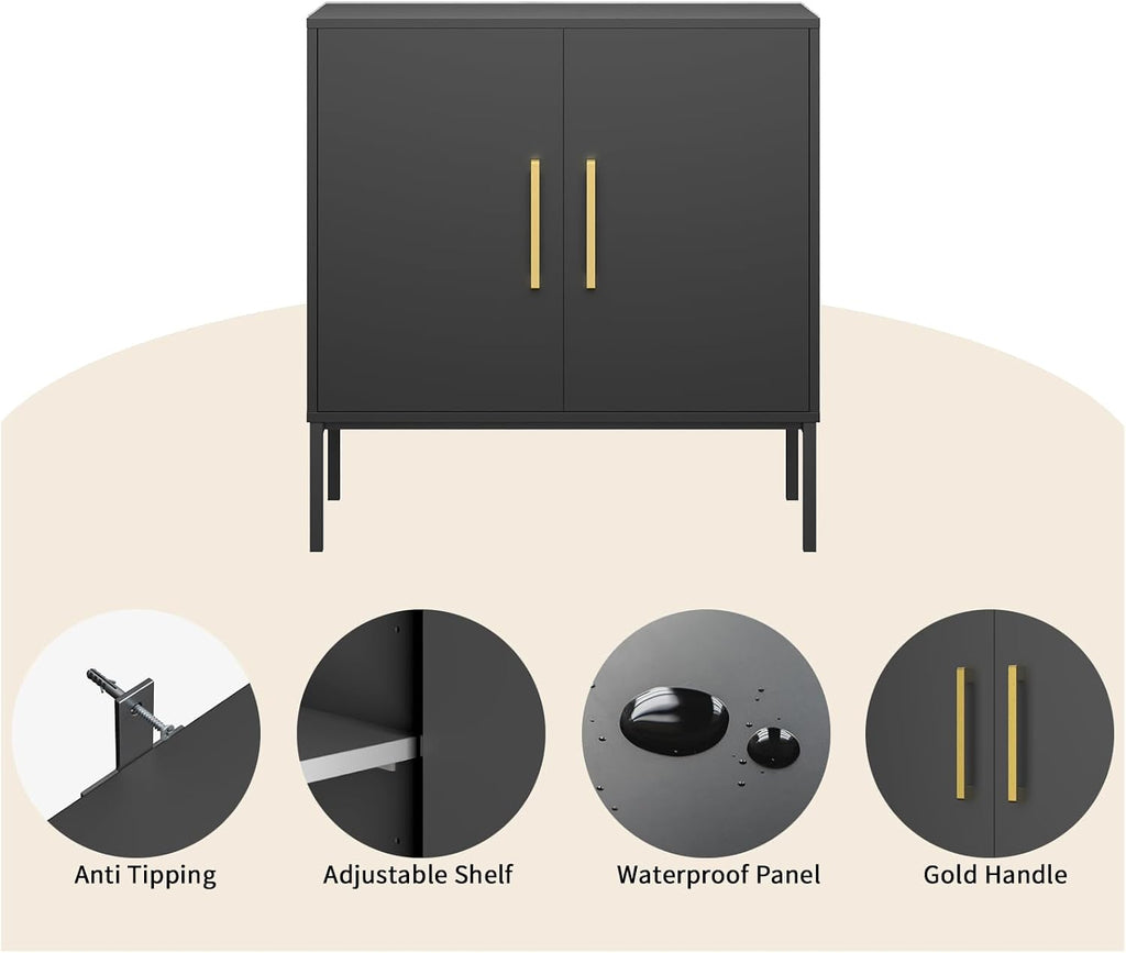 LYNSOM Storage Cabinet with Doors, Set of 2, Modern Buffet Cabinet with Storage, Kitchen Sideboard Buffet, Black Wood Accent Cabinet for Living Room, Bedroom, Hallway, Entryway, Office, Black