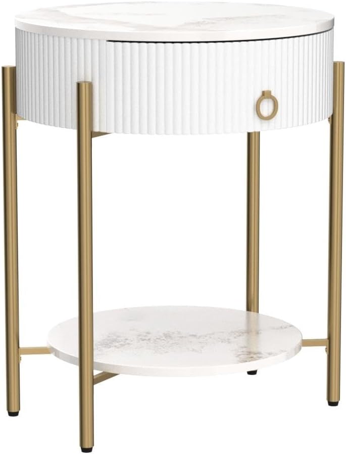 OIOG Modern End Table with Storage Drawer, Round 2-Tier Nightstand with Shelf, Gold Side Table with Metal Legs for Living Room, Bedroom, Office, Marbling Natural Stone/Gold