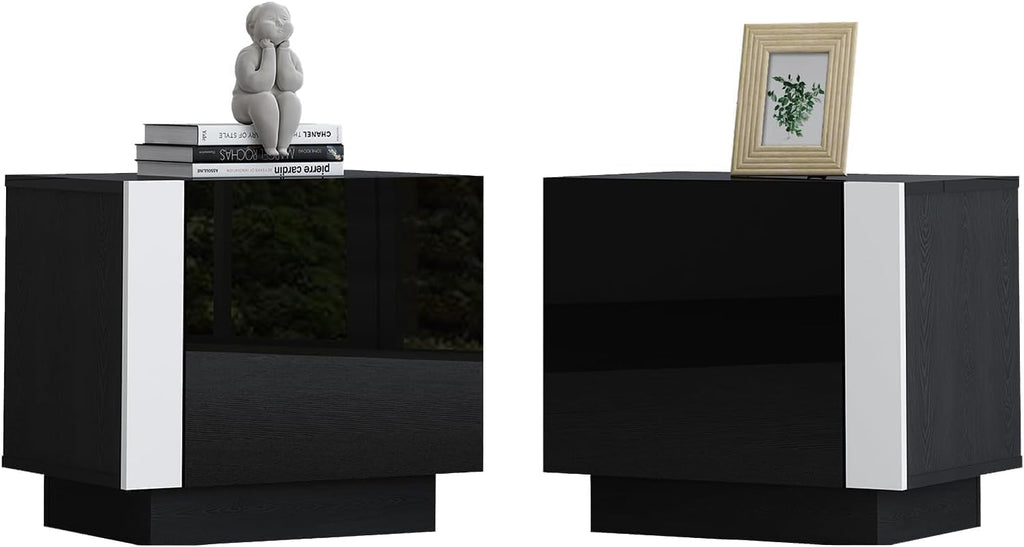 AMERLIFE 2PCS Entertainment Center Side Table Set with Storage, Modern High Gloss End Tables with 2 Cabinet Doors, for Living Room/Bedroom/Office, Black