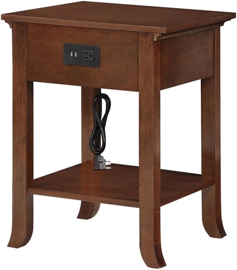 Convenience Concepts American Heritage Logan End Table with USB Ports & AC Outlet 18' - Square Living Room Side Table with Storage Drawer & Pull-Out Shelf, Bedroom Nightstand with Charging, Espresso