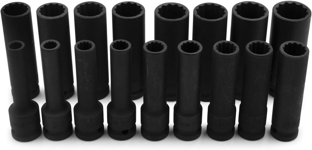 Genius Tools 17 Piece 1/2' Dr. Metric Deep Thin Wall Impact Socket Set (12-Point) DI-417MD