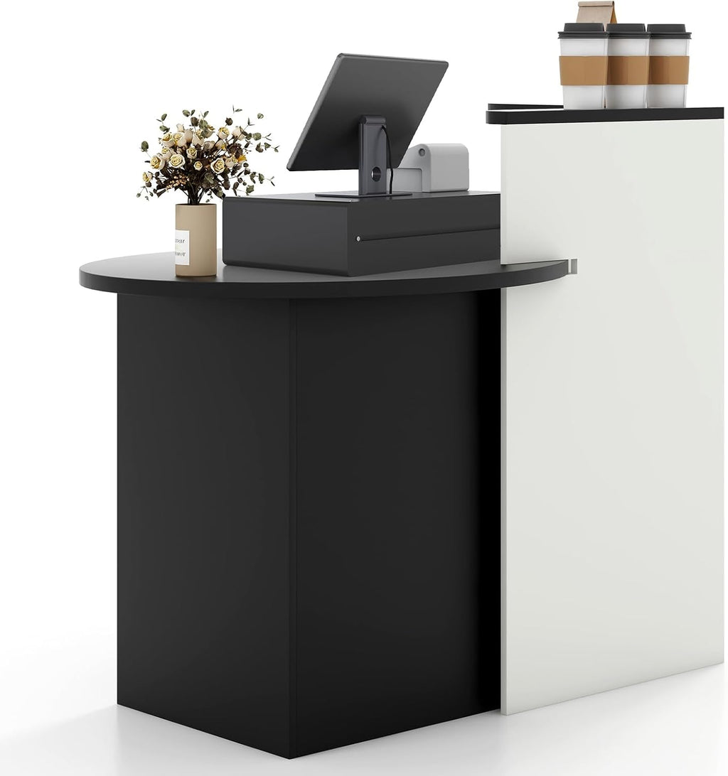 Giantex Reception Desk, Front Counter Desk with Lockable Drawer, Checkout Table with Round Tabletop, Corner Shelf & Adjustable Shelf for Office Beauty Salon Retail Store (White & Black)