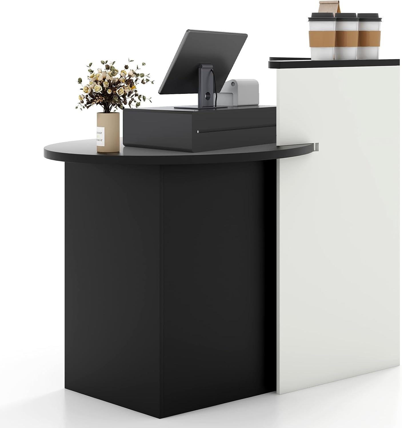 Giantex Reception Desk, Front Counter Desk with Lockable Drawer, Checkout Table with Round Tabletop, Corner Shelf & Adjustable Shelf for Office Beauty Salon Retail Store (White & Black)