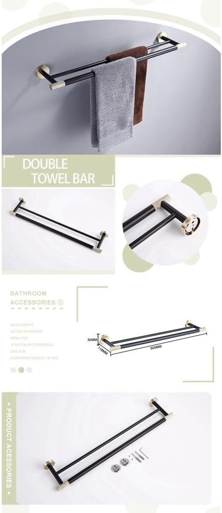 Double Towel Bar Towel Hanger Bath Hand Towel Holder Wall Towel Rack Stainless Steel Shelf Kitchen Storage Rack 50CM,Brushed Gold Black