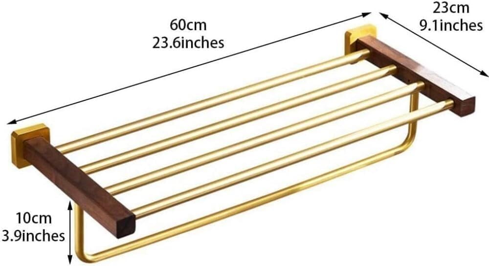 Nordic Style Floating Shelf with Towel Bar, Black Walnut & Gold Wall Decoration, Multi-Purpose Wall Hanging Storage - 60x23cm