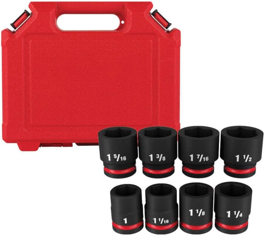 Socket Set For Milwaukee 49-66-7017 3/4'' Drive SAE Standard 6 Point Impact Socket Set (Size:10.86 x 8.97 x 2.71 in) - 8PC, Red,black
