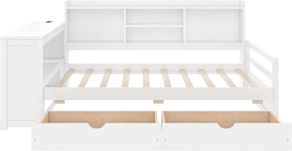 SOFTSEA Twin Corner Bed Frame with Storage Drawers, Desk & Bookcase, Wood Corner Daybed with Charging Station, L-Shaped Daybed for Kids Bedroom, No Box Spring Needed, White