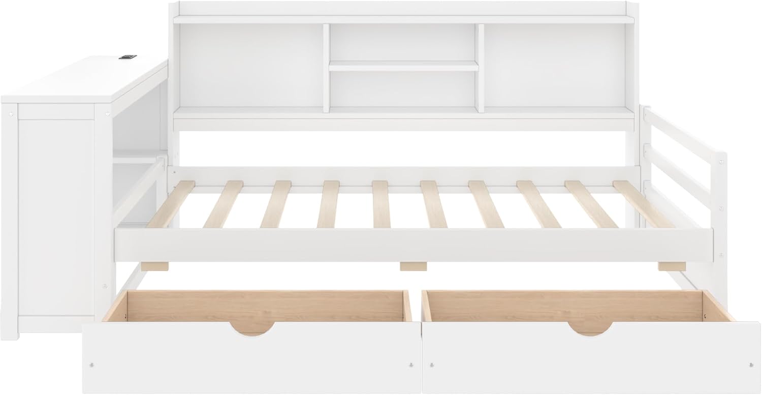 SOFTSEA Twin Corner Bed Frame with Storage Drawers, Desk & Bookcase, Wood Corner Daybed with Charging Station, L-Shaped Daybed for Kids Bedroom, No Box Spring Needed, White