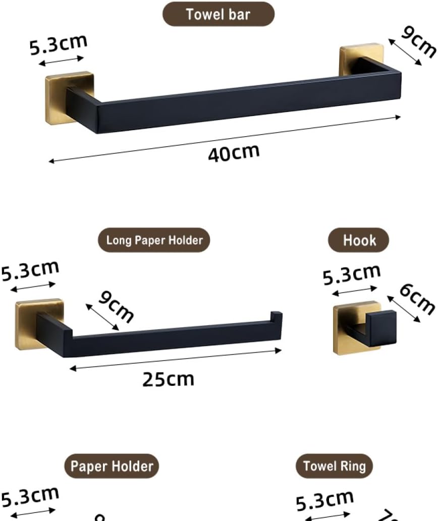 Black Gold Bathroom Hardware Set Wall Mount Stainless Steel Towel Bar Towel Ring Paper Holder Robe Hook Bathroom Accessories Set,BG,5pcs Set