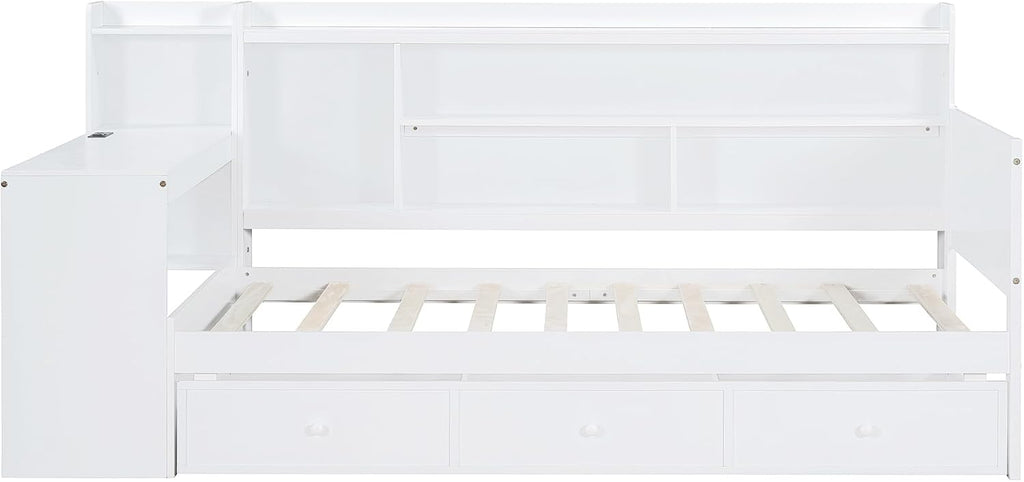 SOFTSEA Twin Size Daybed with Storage Drawers & Bookcase, Wood Daybed with Desk & USB Ports, L Shaped Corner Bed with Convertible Headboard for Bedroom Living Room Guest Room, White