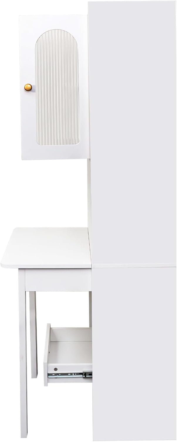 Space-Saving Fold Out Wall Desk, Convertible Writing Table with Large Storage Cabinet & Shelves, Tall Cabinet Bookcase for Small Apartments, Home Office Workstation (White)