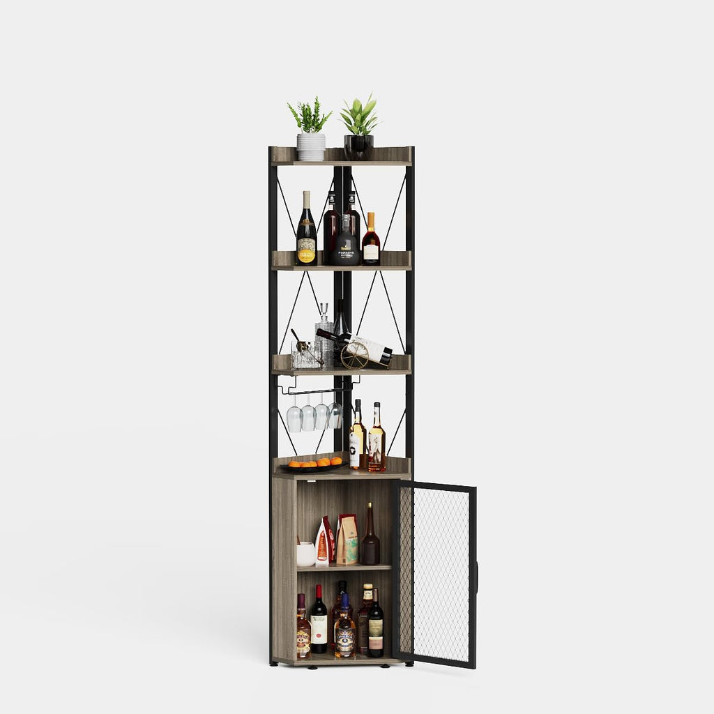 GarveeHome 69' Tall Corner Bar Cabinet with 5-Tier Shelves, Farmhouse Liquor Cabinet with Wine Rack & Glass Holder, Space-Saving Barn Door Storage Cabinet for Living Room Kitchen Home Bar - Gray
