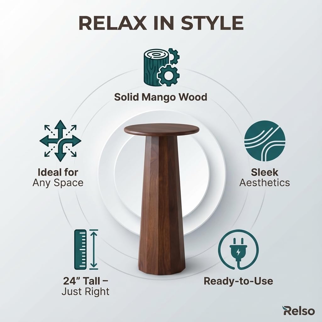 Relso Enteka Solid Mango Wood End Table – 24' Tall Accent Side Table with Walnut Finish | Handcrafted Coffee Table, No Assembly Required | Perfect for Modern Living Rooms, Farmhouses, Small Spaces