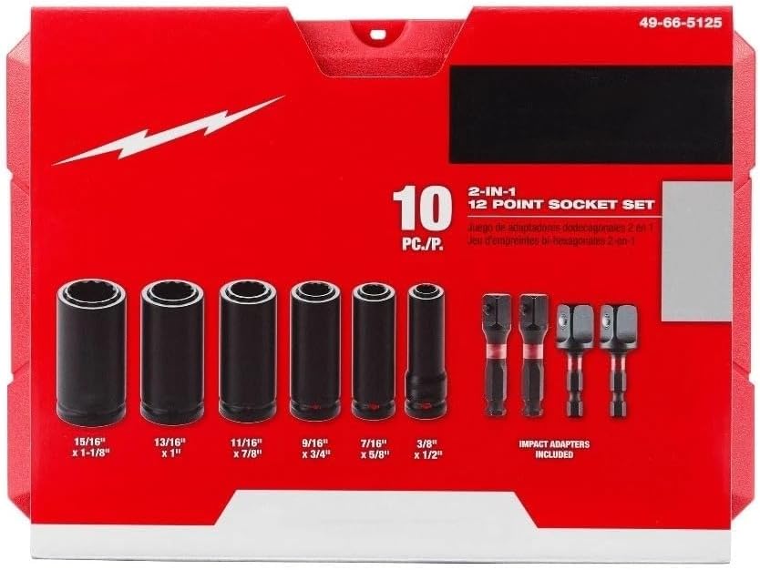 10PC 49-66-5125 Impact Socket Set for Milwaukee 12 Point 2-in-1 Socket Set - Black/Red