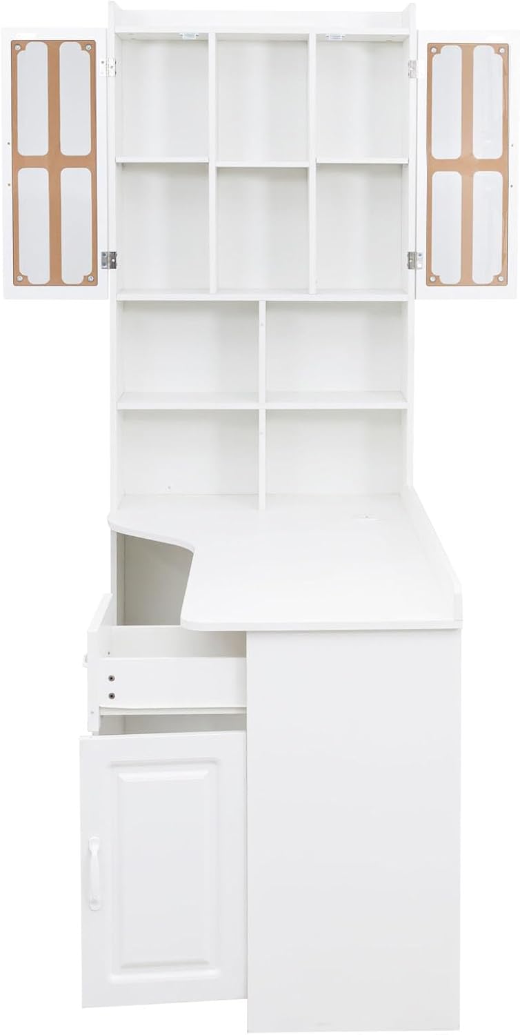 l Shaped Desk with Hutch & Drawers, Small Corner Desks for Small Space Home Office, Farmhouse Desk and Bookshelf Combo with Storage (White)