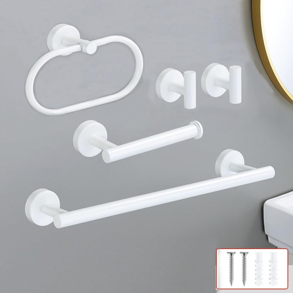 White Black Gold Stainless Steel Bathroom Hardware Set Towel Bar Toilet Paper Holder Clothes Hook Bathroom Roll Towel Rack Ring,White