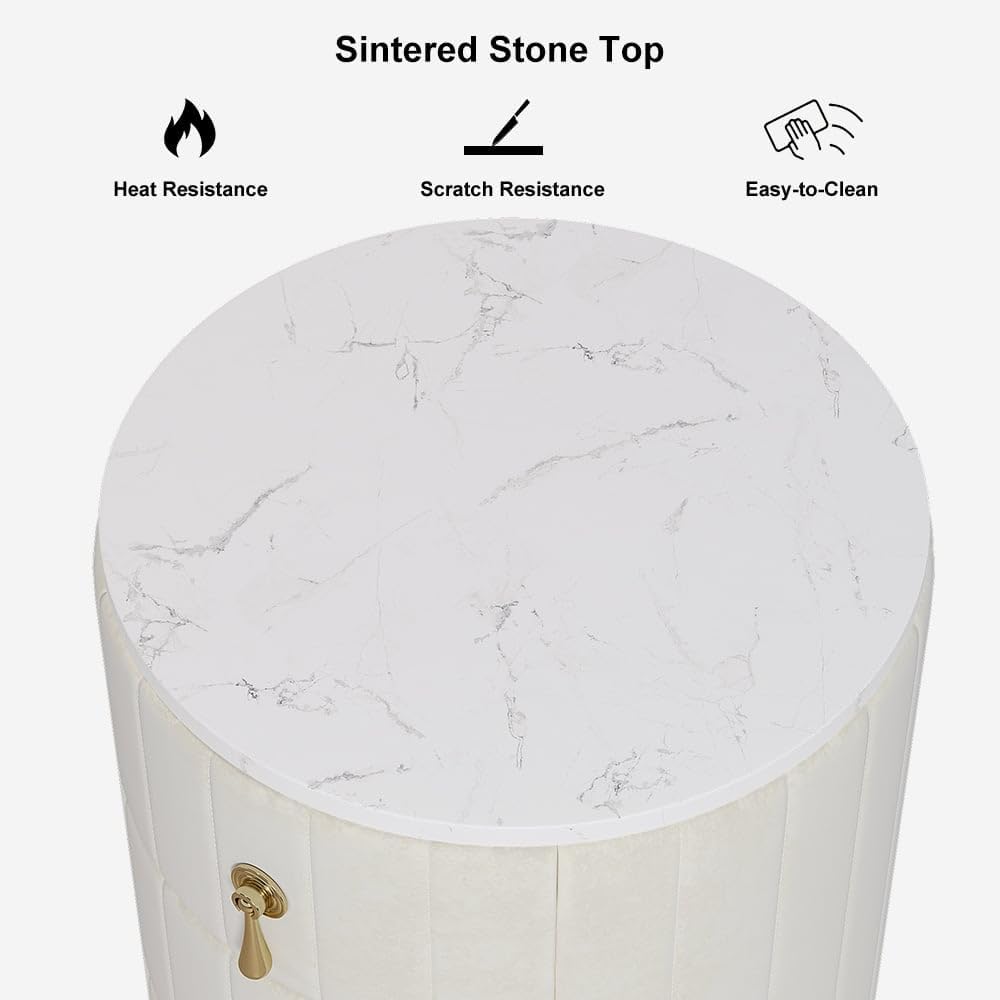 homary Velvet Nightstand with 3 Drawers, White Round Bedside Table with Sintered Stone Top, Modern Nightstand with Storage for Bedroom, End Table for Living Room