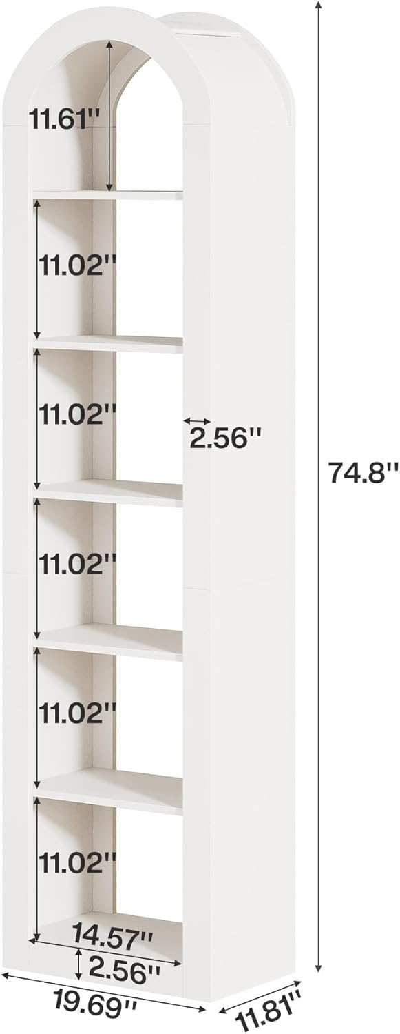 Tribesigns 74.8' Tall Arched Bookshelf, 6-Tier Narrow Open Bookcase, Floor Standing Corner Display Shelves Storage Organizer for Small Space, Home Office, Living Room (Warm White, 1 PC)